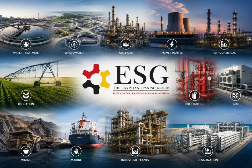Flow control solutions Egypt — the industries ESG supplies: water treatment, wastewater, oil and gas, power plants, petrochemical, irrigation, fire fighting, HVAC, mining, marine, industrial plants and desalination